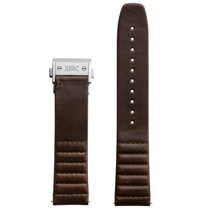 Xeric 22mm Ribbed Horween Leather Brown Strap with Silver Deployant Clasp angled shot picture
