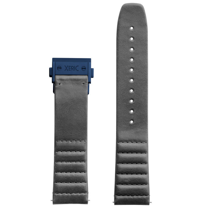 Xeric 22mm Ribbed Italian Leather Gray Strap with Blue Deployant Clasp angled shot picture