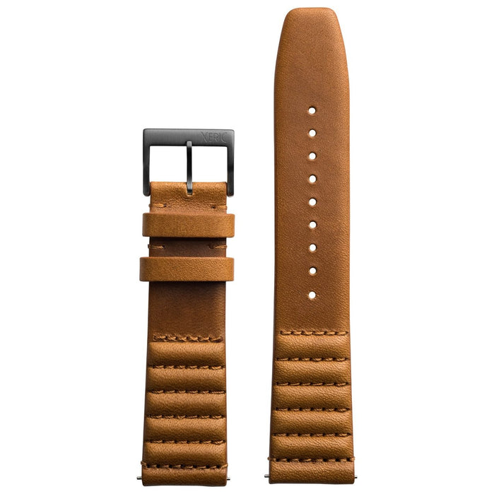 Xeric 22mm Ribbed Horween Leather Tan Strap Gun Buckle angled shot picture