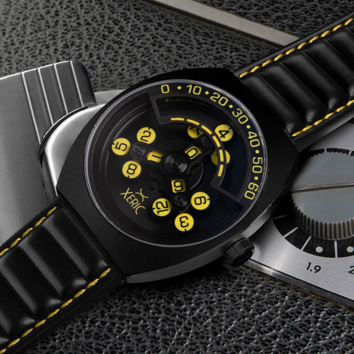 Xeric Scrambler Automatic Wandering Hour Black Yellow angled shot picture