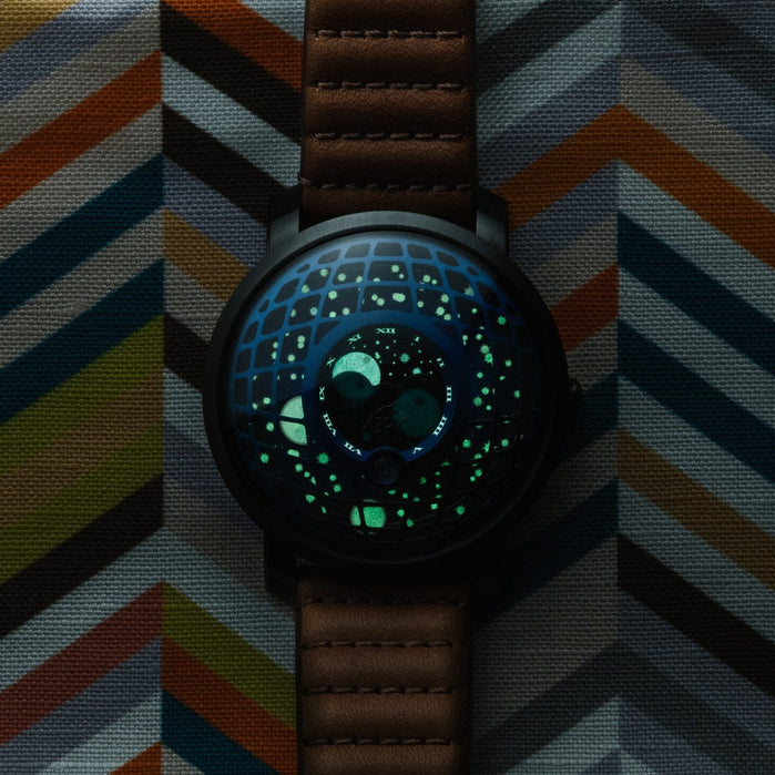 Xeric Trappist-1 American Moonphase Blue IP angled shot picture